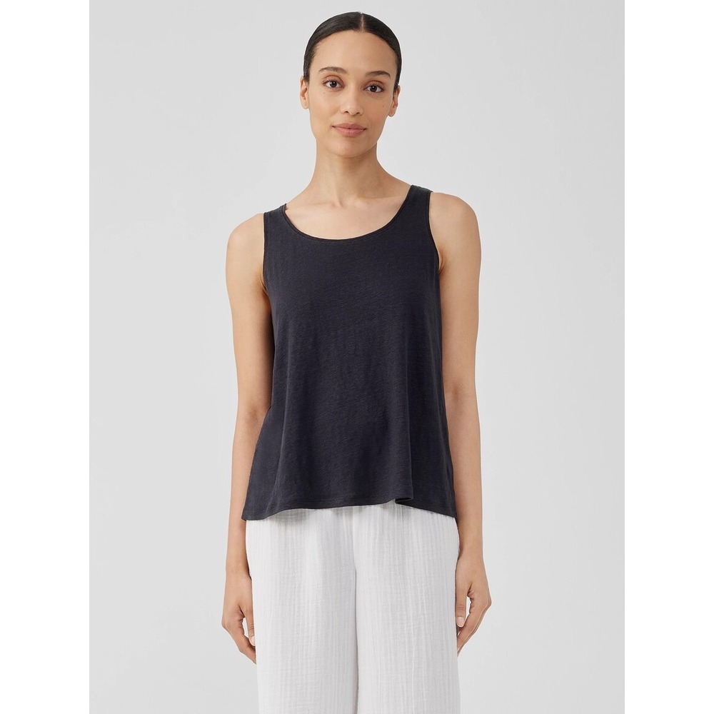 Eileen Fisher Petite Black 100% Irish Linen Scoop Neck Tank Top PS Relaxed Fit